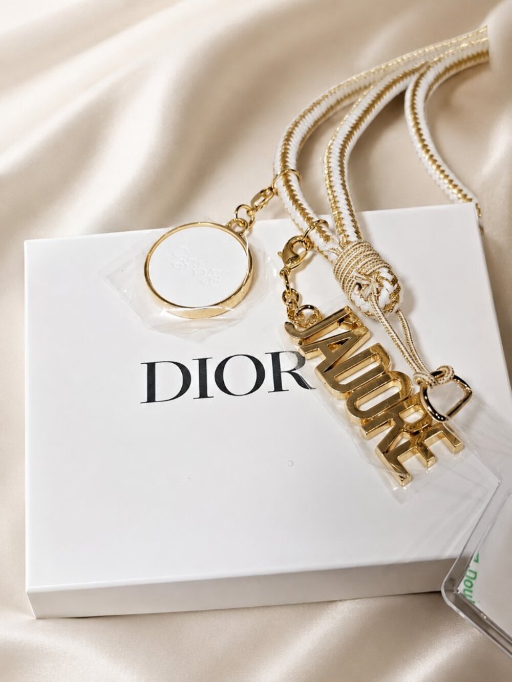 Dior J’Adore Phone Case Lanyard Strap Key Ring Charm Gold and White